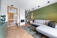 Modernes Wohnzimmer mit grauem Sofa, grünem Akzentwand und kleinem Kamin