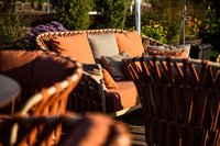Bequeme Gartenmöbel mit Kissen im Sonnenlicht