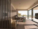 INTERIOS. Il tuo studio di interior design. Stanza moderna con scrivania, divano e grandi vetrate affacciate sull'esterno
