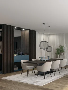 Zona pranzo e soggiorno moderni con tavolo scuro, sedie beige e divano