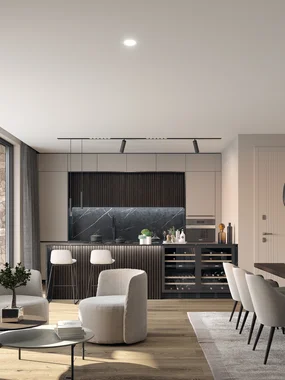 Soggiorno moderno con zona pranzo e cucina a vista, arredamento elegante