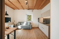 Gemütliches Wohnzimmer mit grauem Sofa, Holzbalkendecke und integrierter Küche
