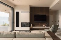 Modernes Wohnzimmer mit Sofa, Fernseher, Kamin und großer Glastür