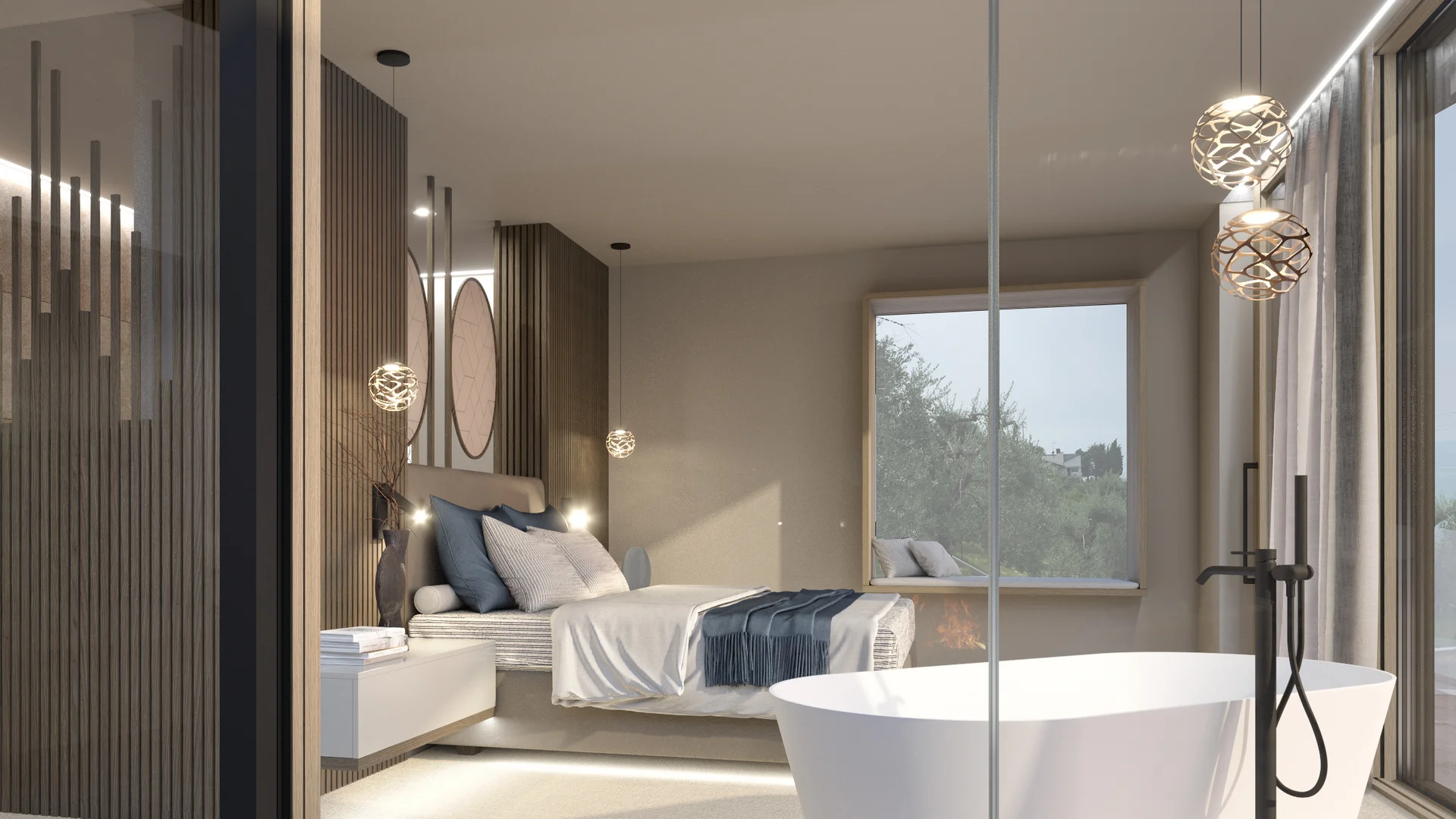 Modernes Schlafzimmer mit freistehender Badewanne und großem Fenster