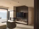 INTERIOS. Il tuo studio di interior design. Soggiorno moderno con camino, televisore e vista sul lago e sulle montagne
