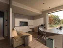 INTERIOS. Il tuo studio di interior design. Camera moderna con divano, scrivania, angolo cottura e ampia finestra sul giardino