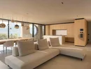 INTERIOS. Il tuo studio di interior design. Soggiorno moderno con divano angolare bianco, zona pranzo e cucina in legno