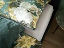 Nahaufnahme von Kissen mit Blumenmuster auf Bett neben rundem Tisch