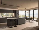 INTERIOS. Il tuo studio di interior design. Cucina moderna con zona pranzo e vista sul lago