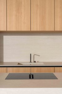 Moderne Küche mit Holzfronten, Spüle, Wasserhahn und Kochfeld
